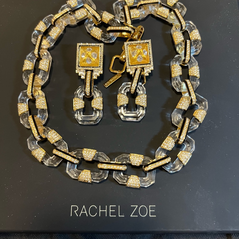 Authentic RACHEL ZOE Gold Black Clear Chain Link Necklace and Earrings Set